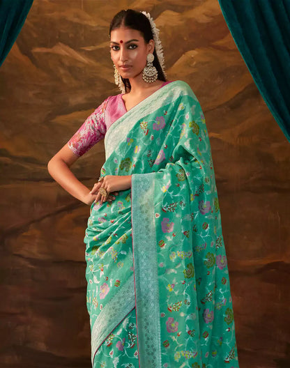 Sea Green Floral Paithani Banarasi Dola Silk Saree