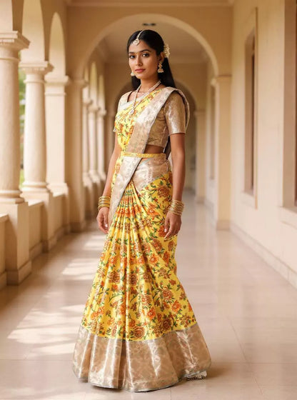 Yellow Floral Printed Tissue Fancy Saree