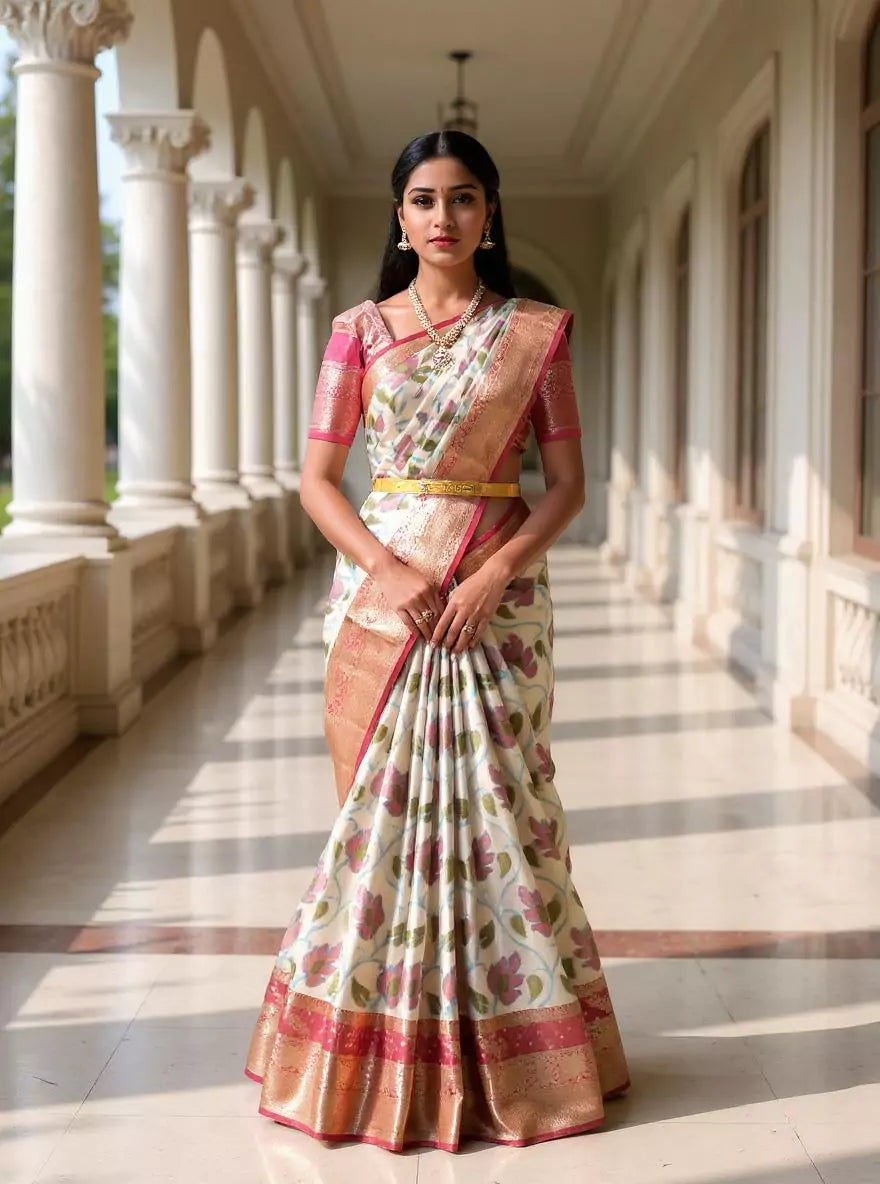 Decent Cream Ikat  Tissue Saree with Kanchi Border