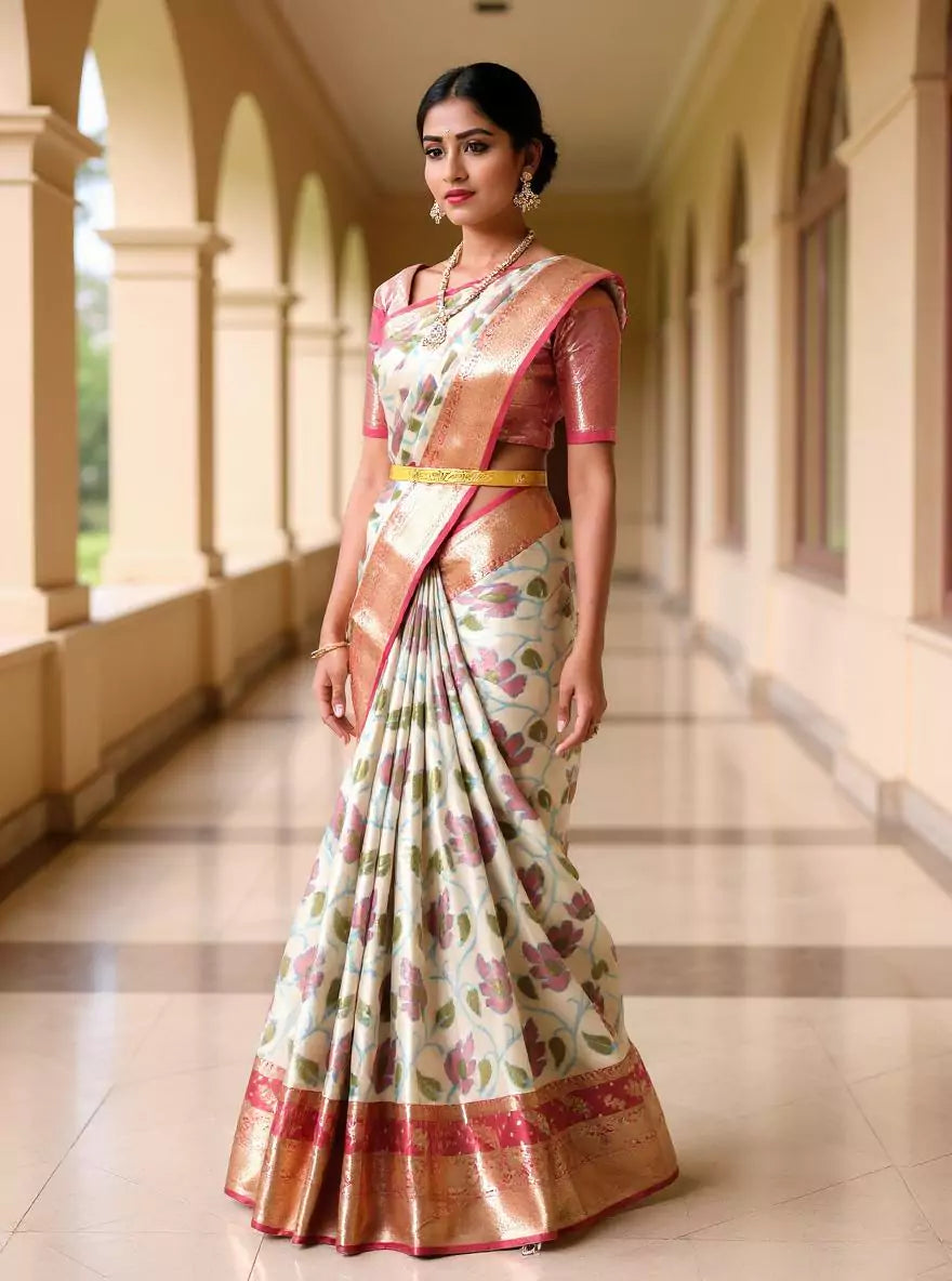 Decent Cream Ikat  Tissue Saree with Kanchi Border