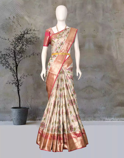 Decent Cream Ikat  Tissue Saree with Kanchi Border