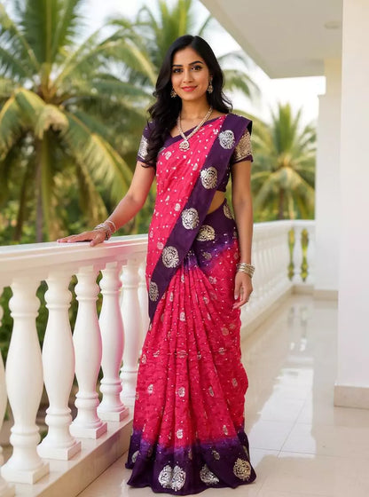 Pink and Purple Bandhini Print Chinon Silk Saree