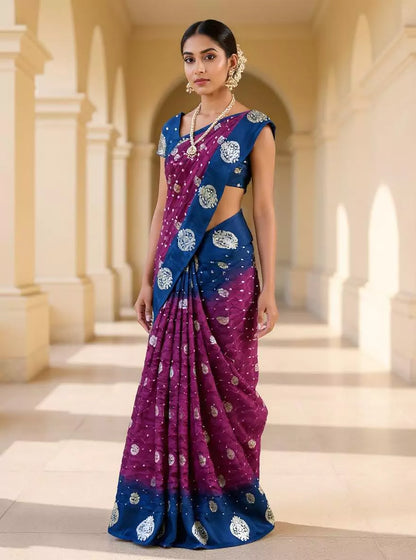 Violet Coloured Bandhini Print Chinon Silk Saree
