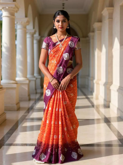 Orange and Wine Bandhini Print Chinon Silk Saree