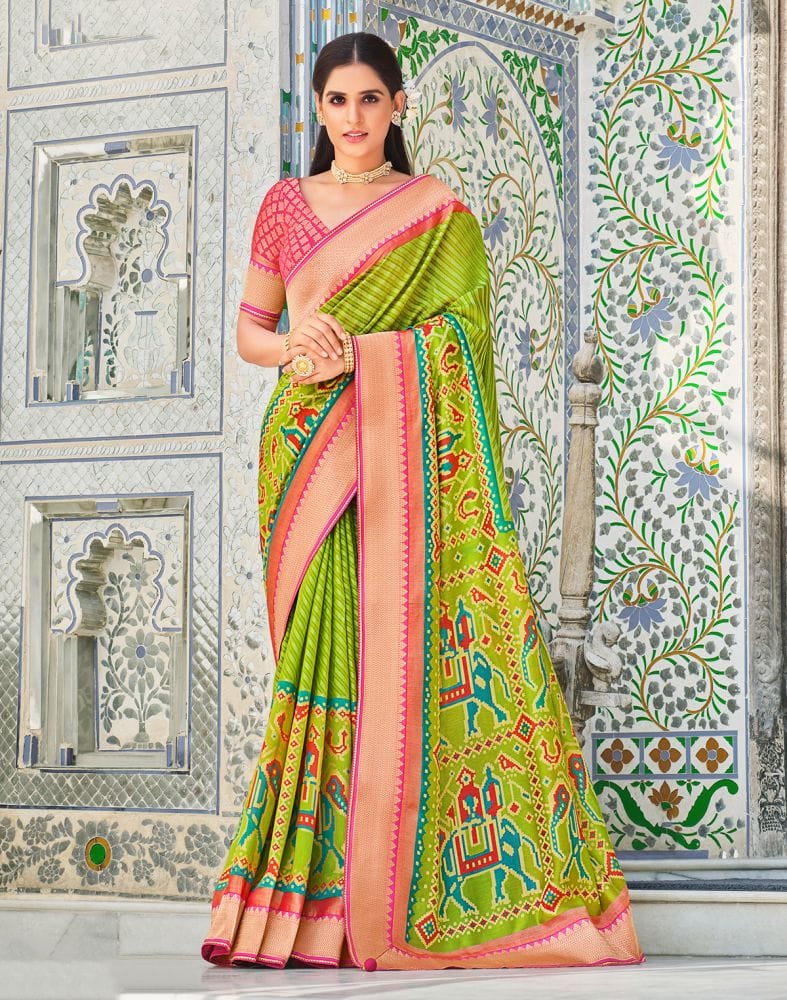 Light Parrot Green Striped Brasso Saree