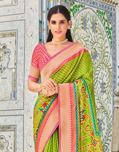 Light Parrot Green Striped Brasso Saree