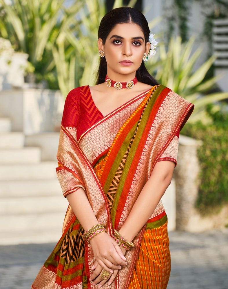 Emerald Mustard Striped Brasso Saree