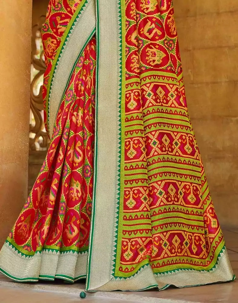 Cherry Red Ikat Print Brasso Saree