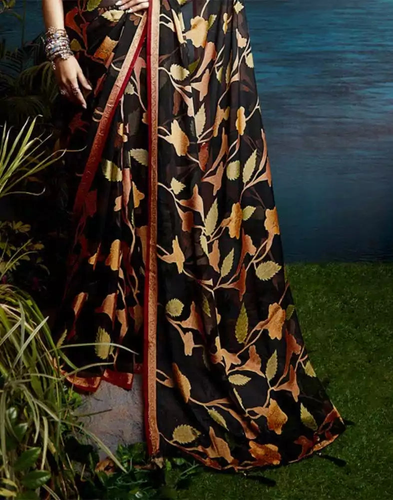 Black Botanical Print Chiffon Saree