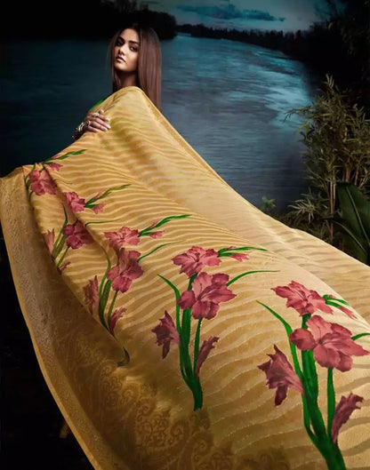 Beige Striped Print Chiffon Saree