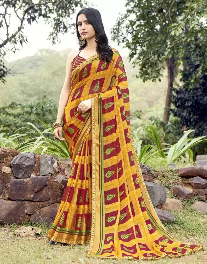 Maroon Botanical Print Brasso Saree