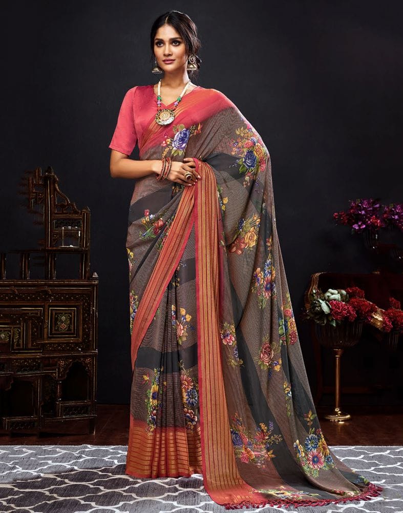 Grey Floral Print Chiffon Fabric Saree