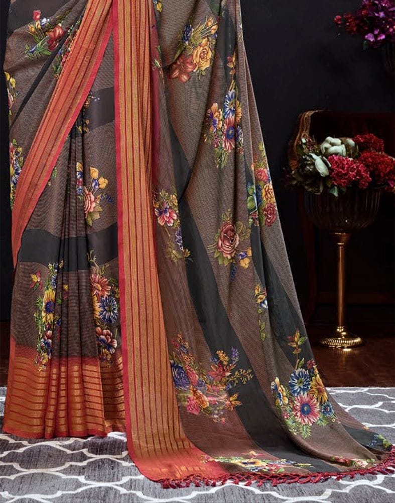 Grey Floral Print Chiffon Fabric Saree