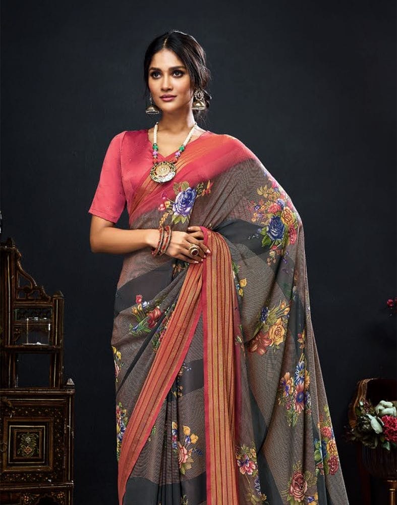 Grey Floral Print Chiffon Fabric Saree