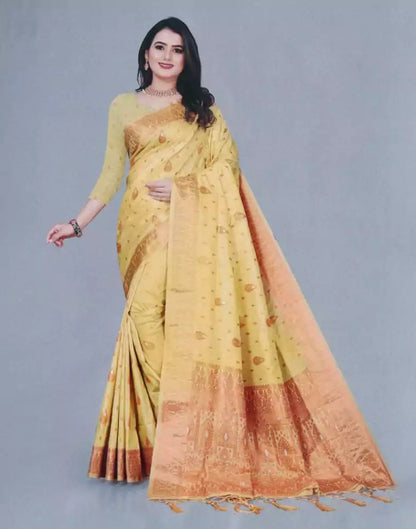 Mustard Botanical Copper Zari Semi-Jute Saree