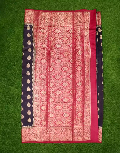 Navy Blue Botanical Pure Dupion Saree