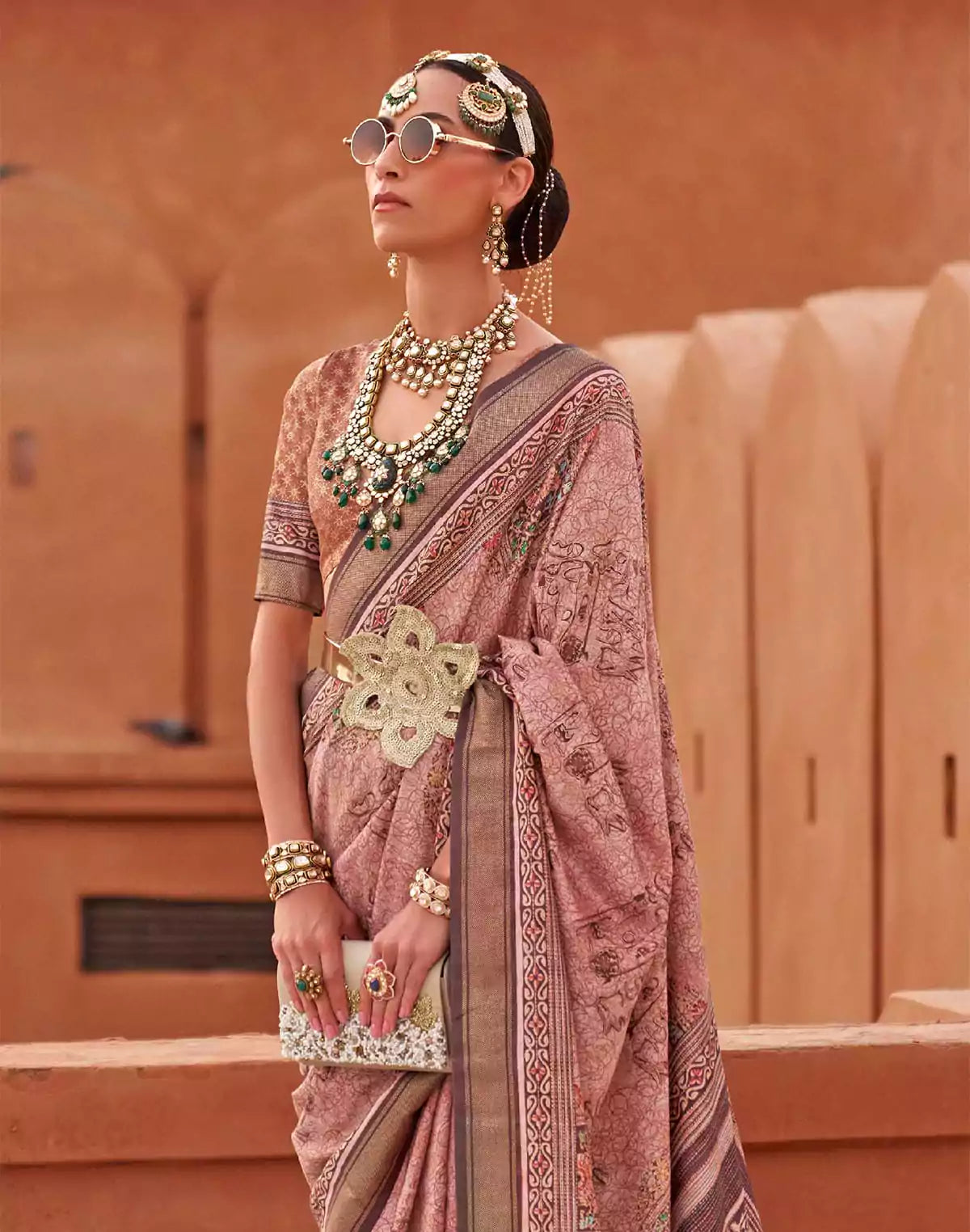 Dusty Pink Graphic Print Jute Silk Khaddi Border Saree