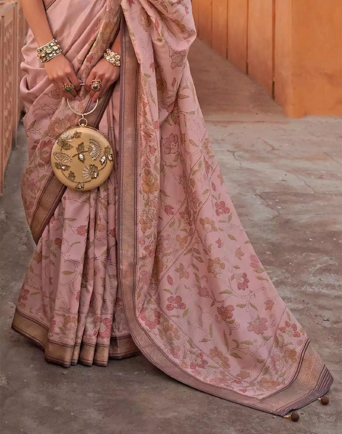 Light Peach Color Floral Printed Classic Jute Silk Saree