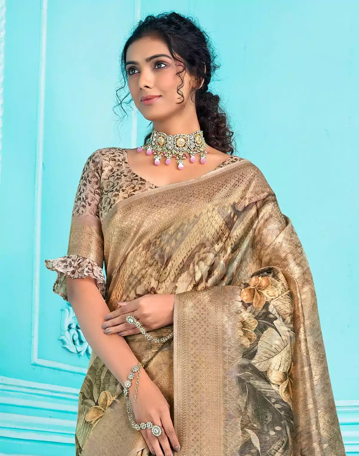 Digital Print with Zari weaving Organza Saree