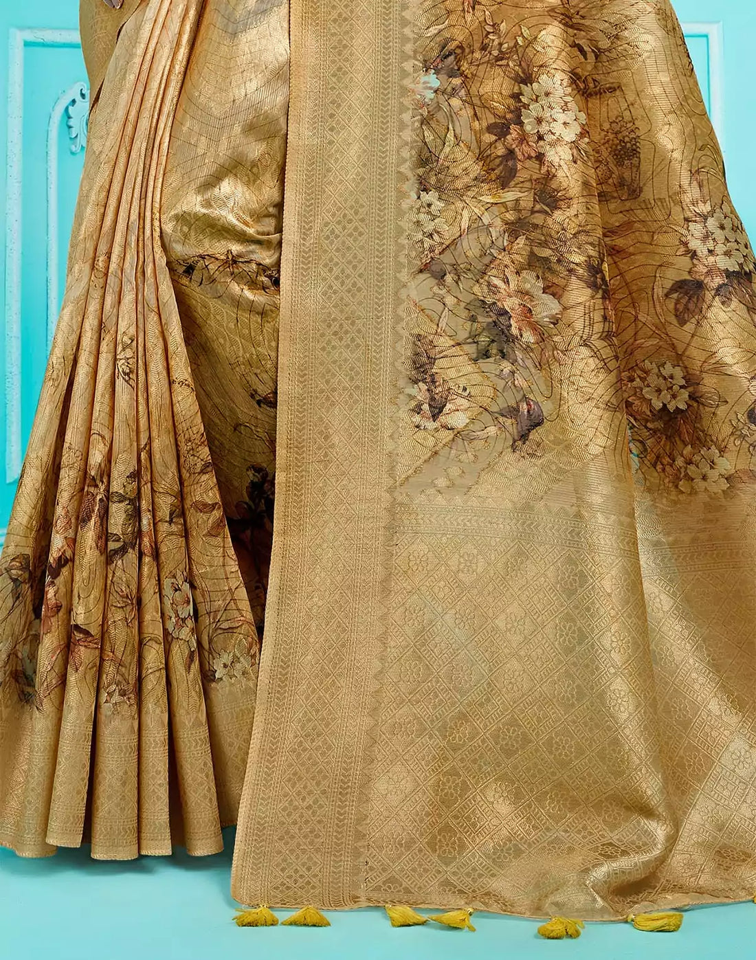 Gold Organza digital Printed zari weaving Saree