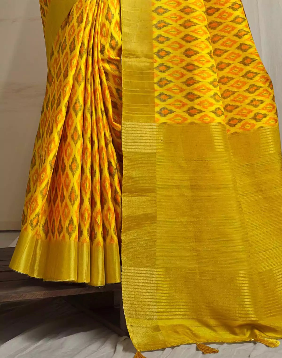 Yellow Tussar Silk Ikat Printed Saree