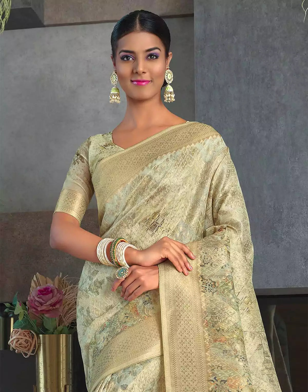 Elegant Light Pista Green Floral Jute Saree