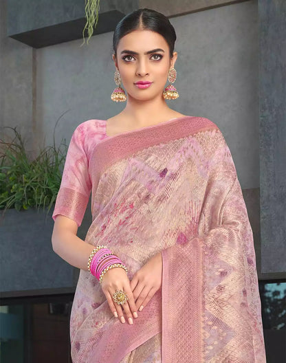 Pink Coloured Floral Jute Saree