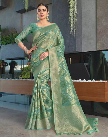 Emerald Light Green Colour with Zari weaving Jute Saree