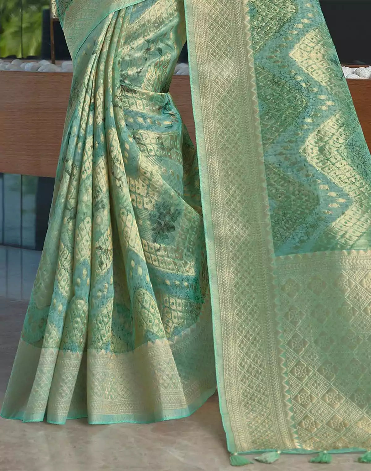 Emerald Light Green Colour with Zari weaving Jute Saree