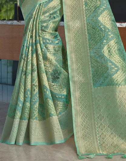 Emerald Light Green Colour with Zari weaving Jute Saree