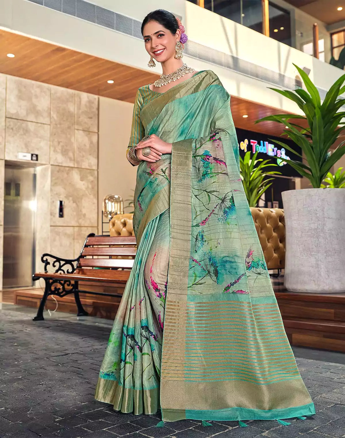 Light Sea Green Botanical Print Bagalpuri Silk Saree
