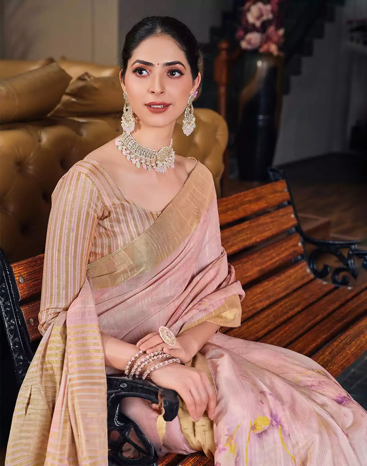 Light Pink Bagalpuri golden pallu Saree