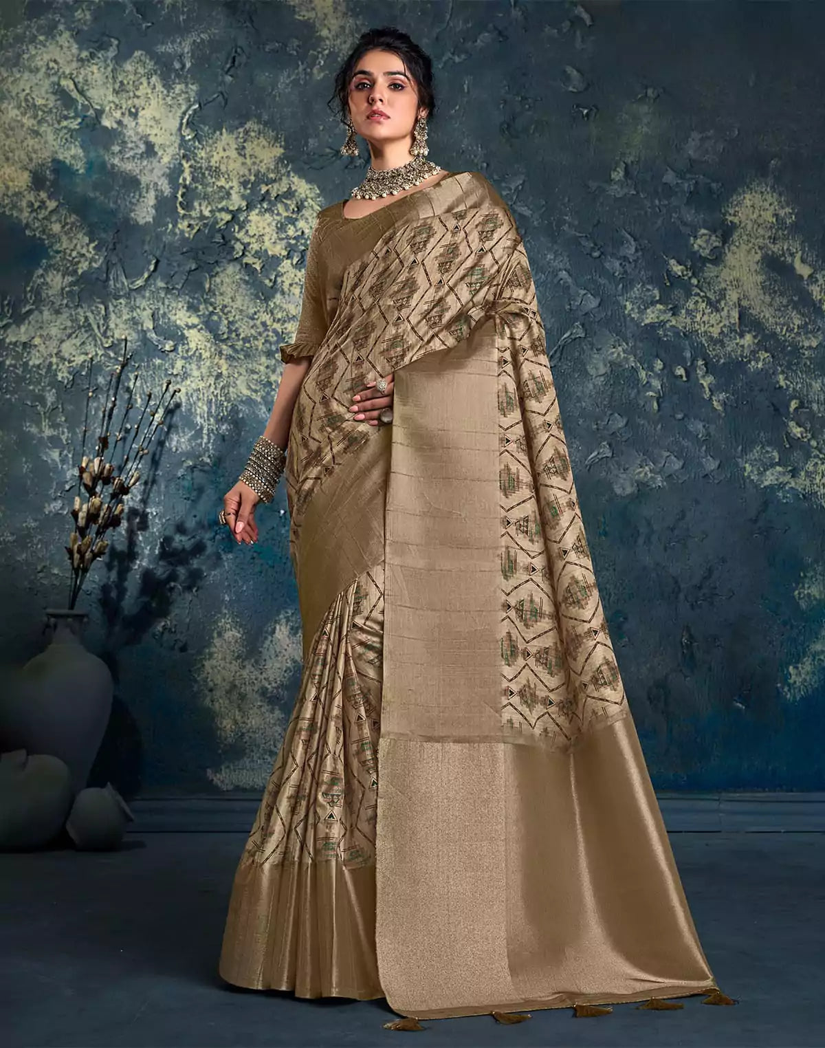 Brown Geometric Print Jute Fancy Saree