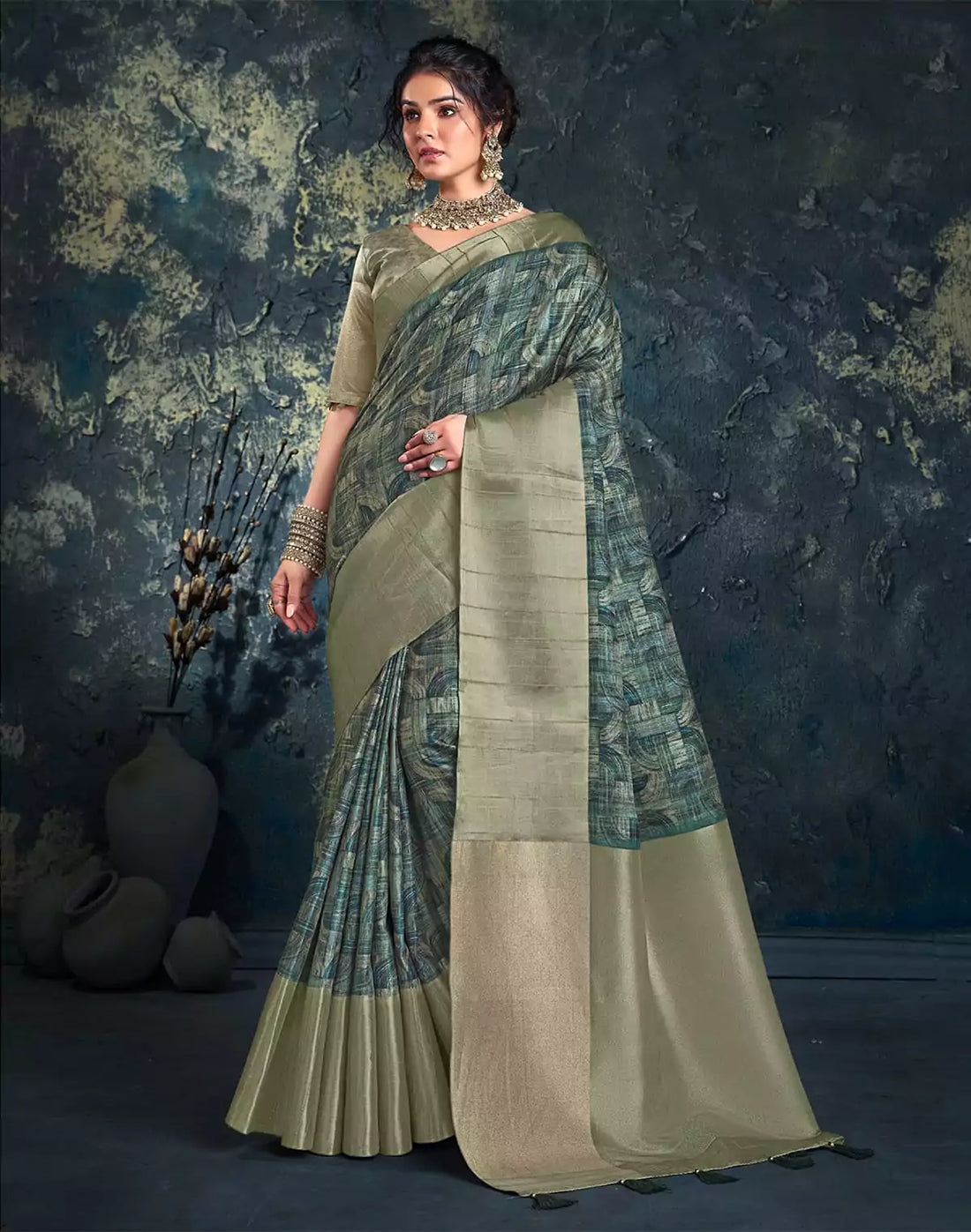 Graphic Print Green light weight Jute Saree