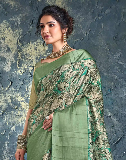 Green Plain Kaddi Border Jute Saree