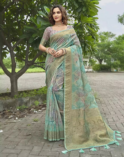 Beautiful Sea Green Floral Designer Jute Saree