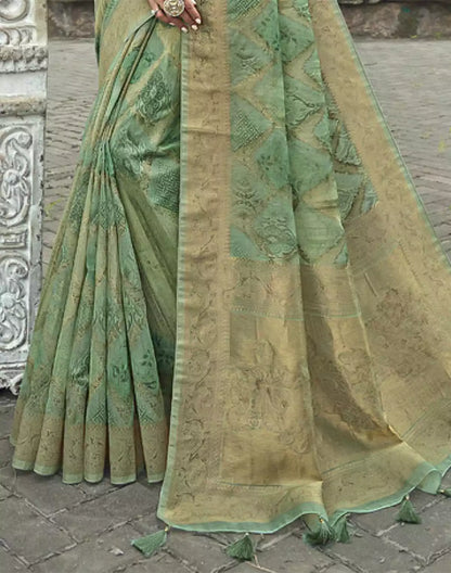 Green Coloured Floral Weaving Fancy Jute Saree
