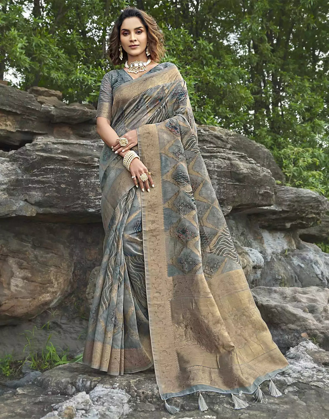 Light Blue Floral Jute Fancy Saree
