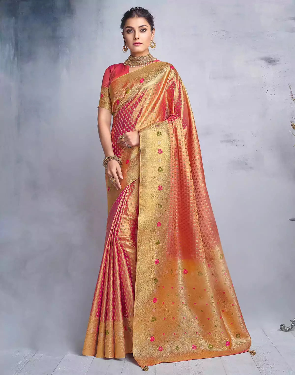 Red Tissue Saree with Golden Banaras Border