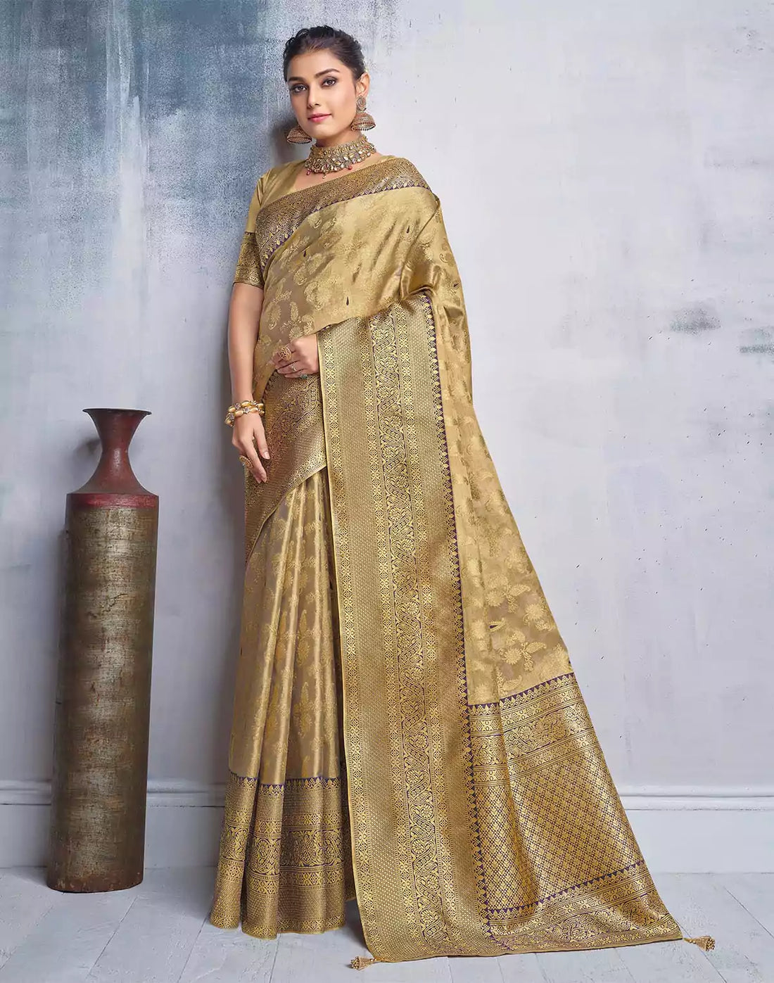 Gold Coloured all over Paisely design Banaras Tissue Saree