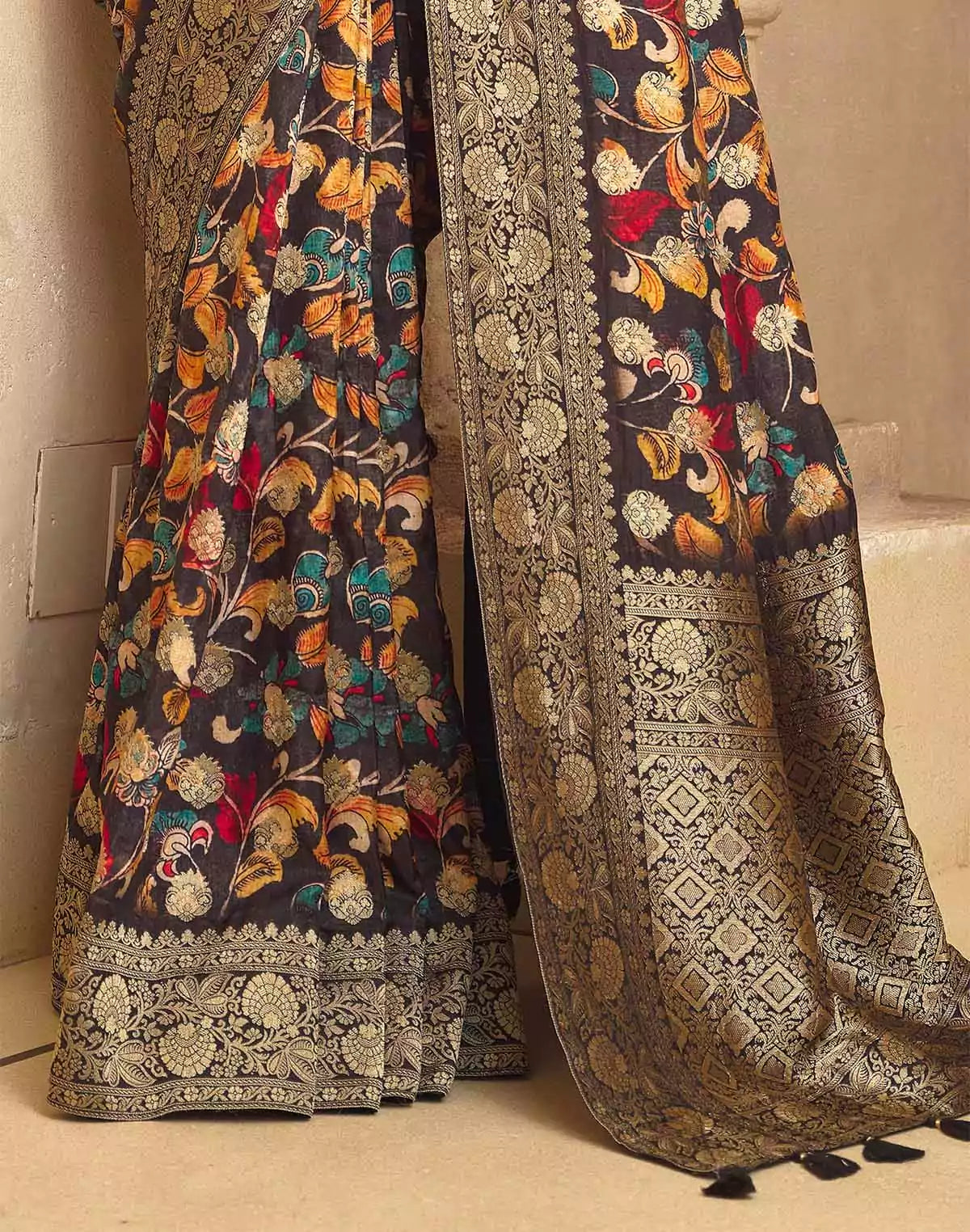 Black Coloured Floral Print Dola Silk Saree