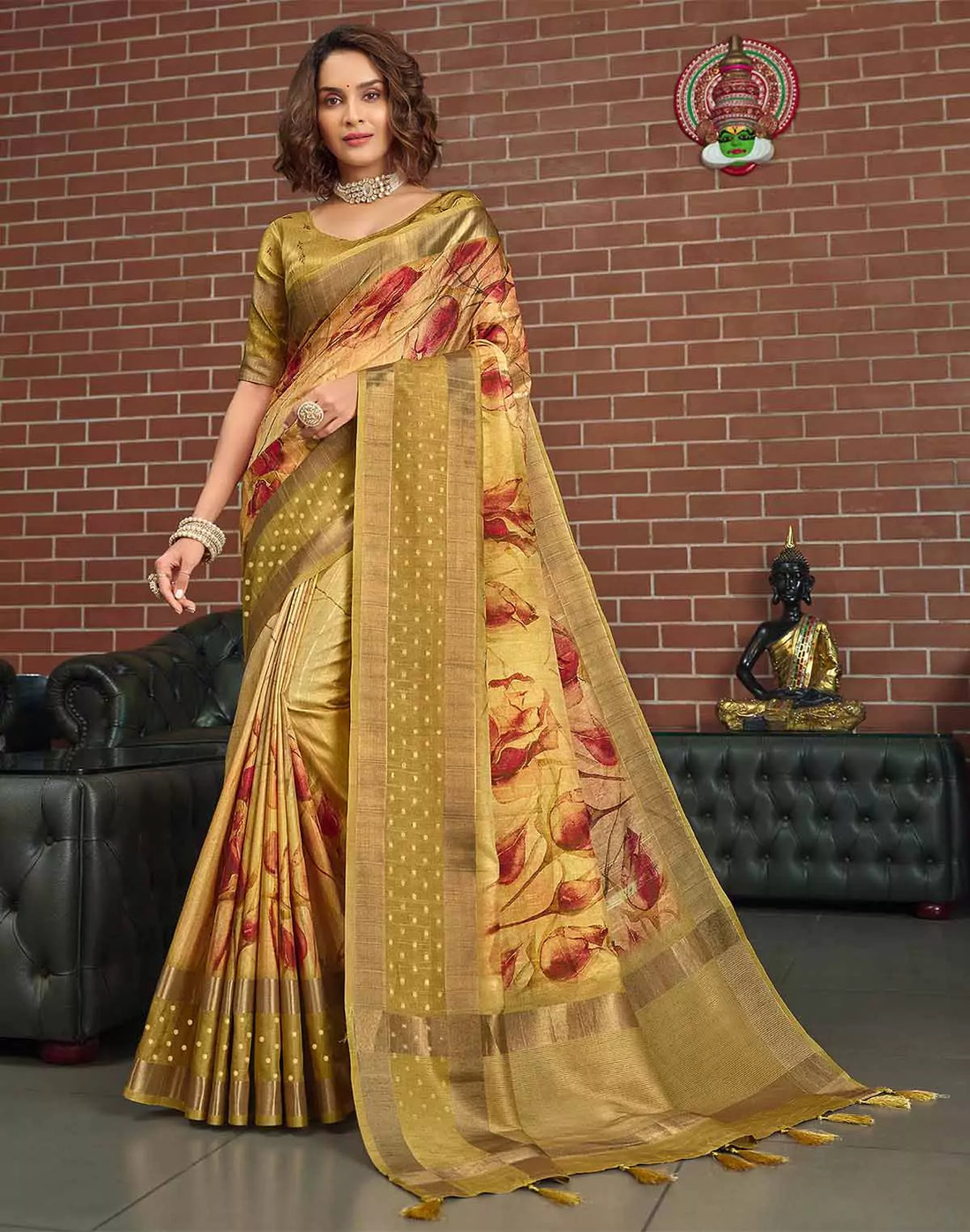 Gold Digital Print Art Jute Silk Saree