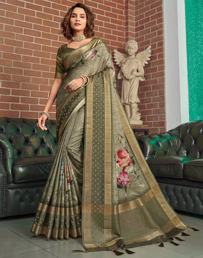 Olive Green Jute Silk with Digital Print Saree
