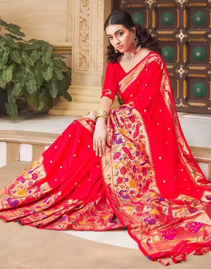Red Coloured Plain Banaras Fancy Saree