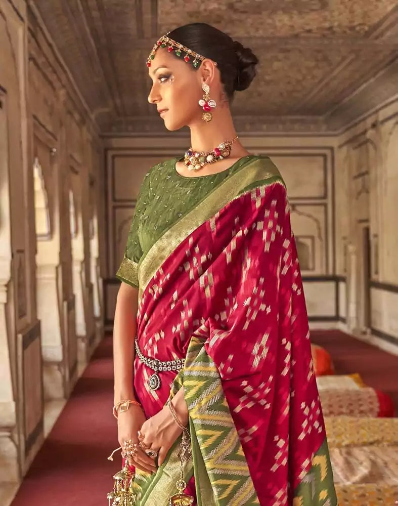 Maroon Ikat Print Soft Dola Silk Fabric Saree