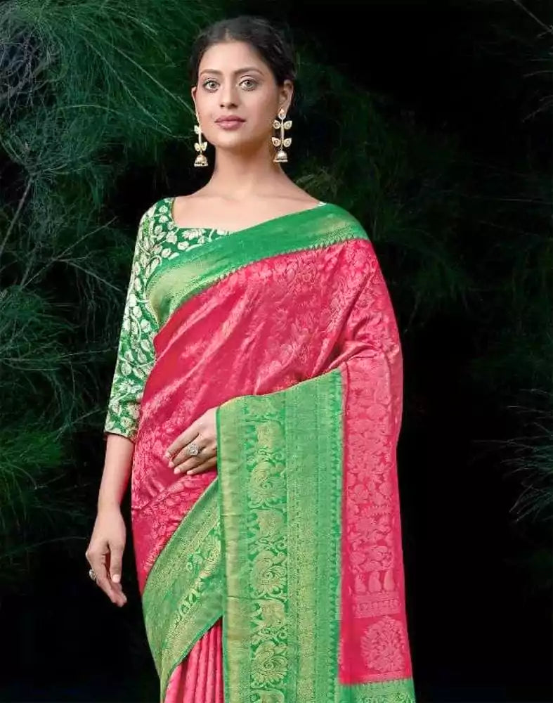 Floral Pattern Pink Colour Soft Silk Saree