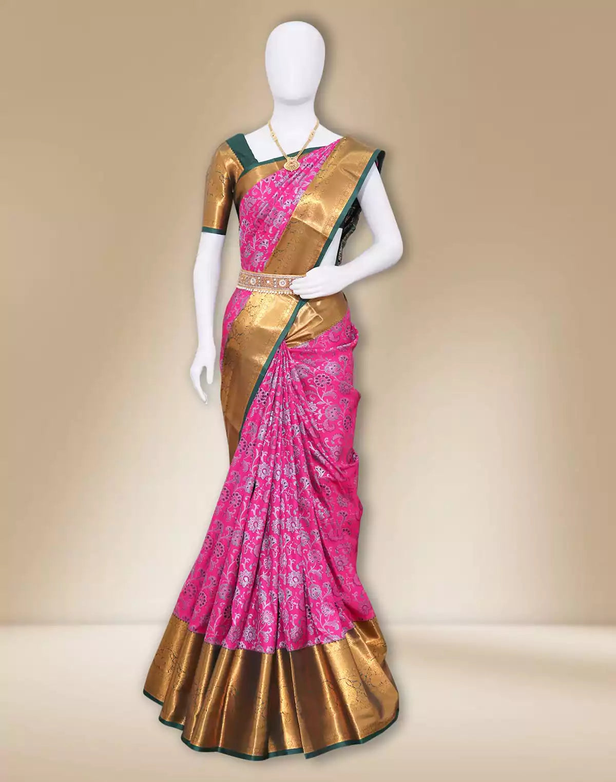 Pink silver zari handmade Kanchi Pattu Contrast Saree