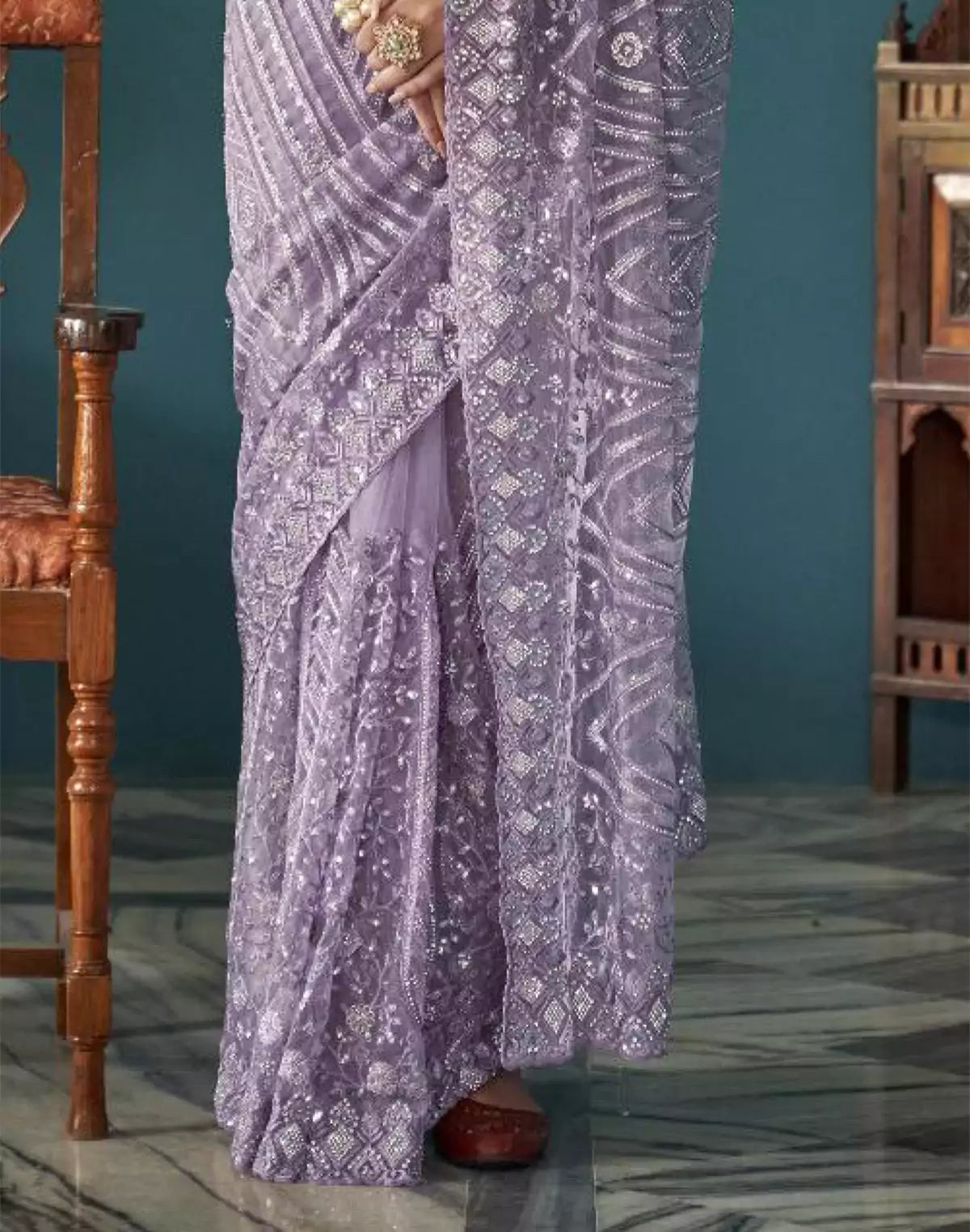Purple Floral Embroidery and Stones Work Netted Saree With Designer Blouse