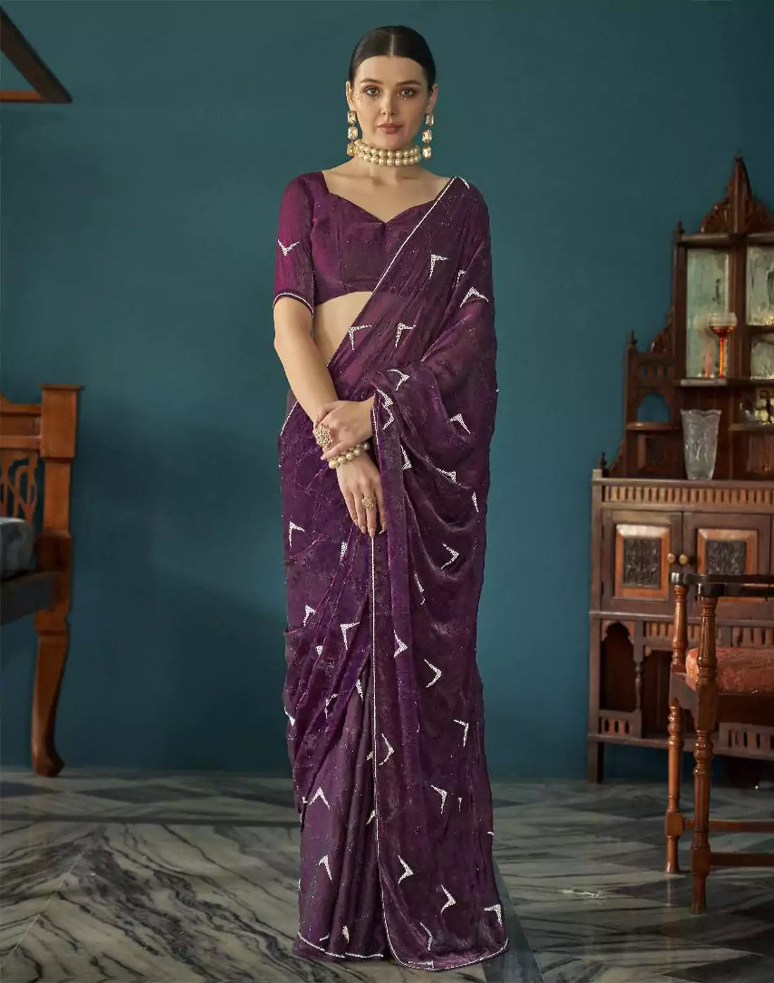 Wine Coloured Georgette Party Wear Saree