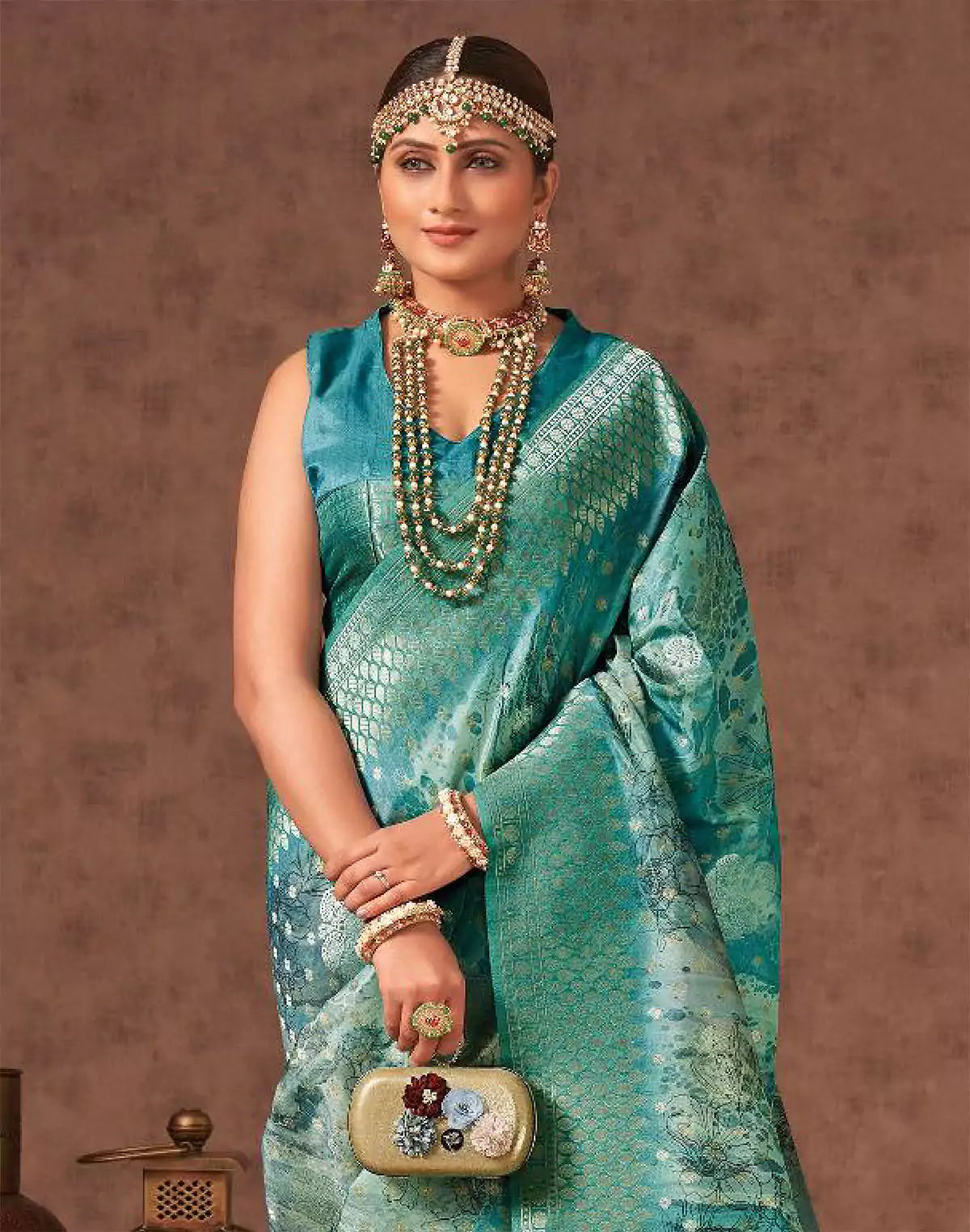 Sea Green Digital Floral Design Organza Party Wear Saree